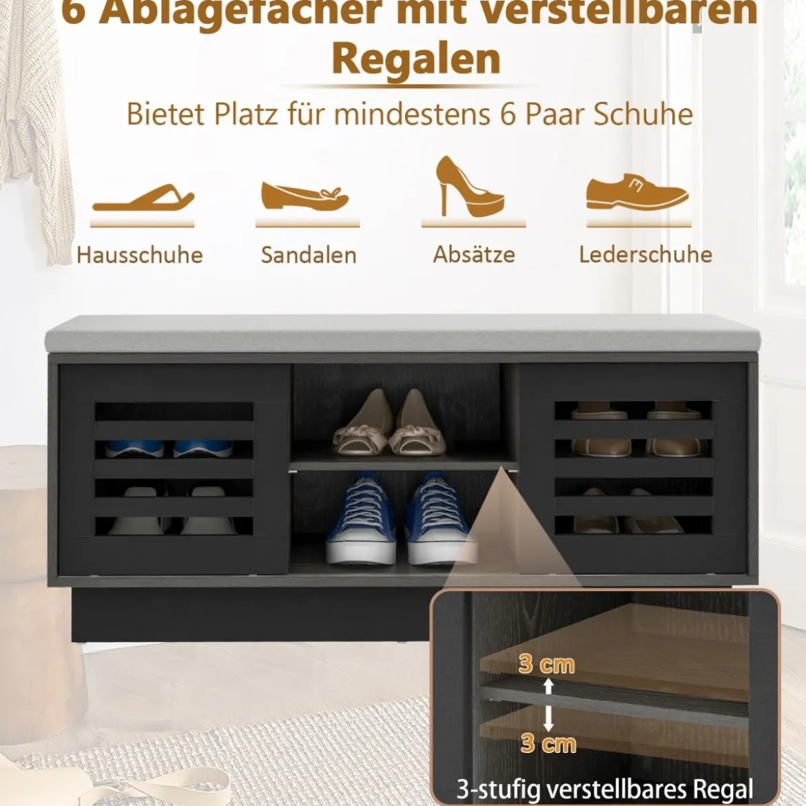 2 in 1 Sitzbank & Schuhregal mit 6 Fächer & 3 Verstellbaren Ablagen Schiebetüre 99,5 x 34,5 x 46 cm Grau