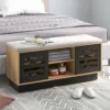 2 in 1 Sitzbank & Schuhregal mit 6 Fächer & 3 Verstellbaren Ablagen Schiebetüre 99,5 x 34,5 x 46 cm Natur