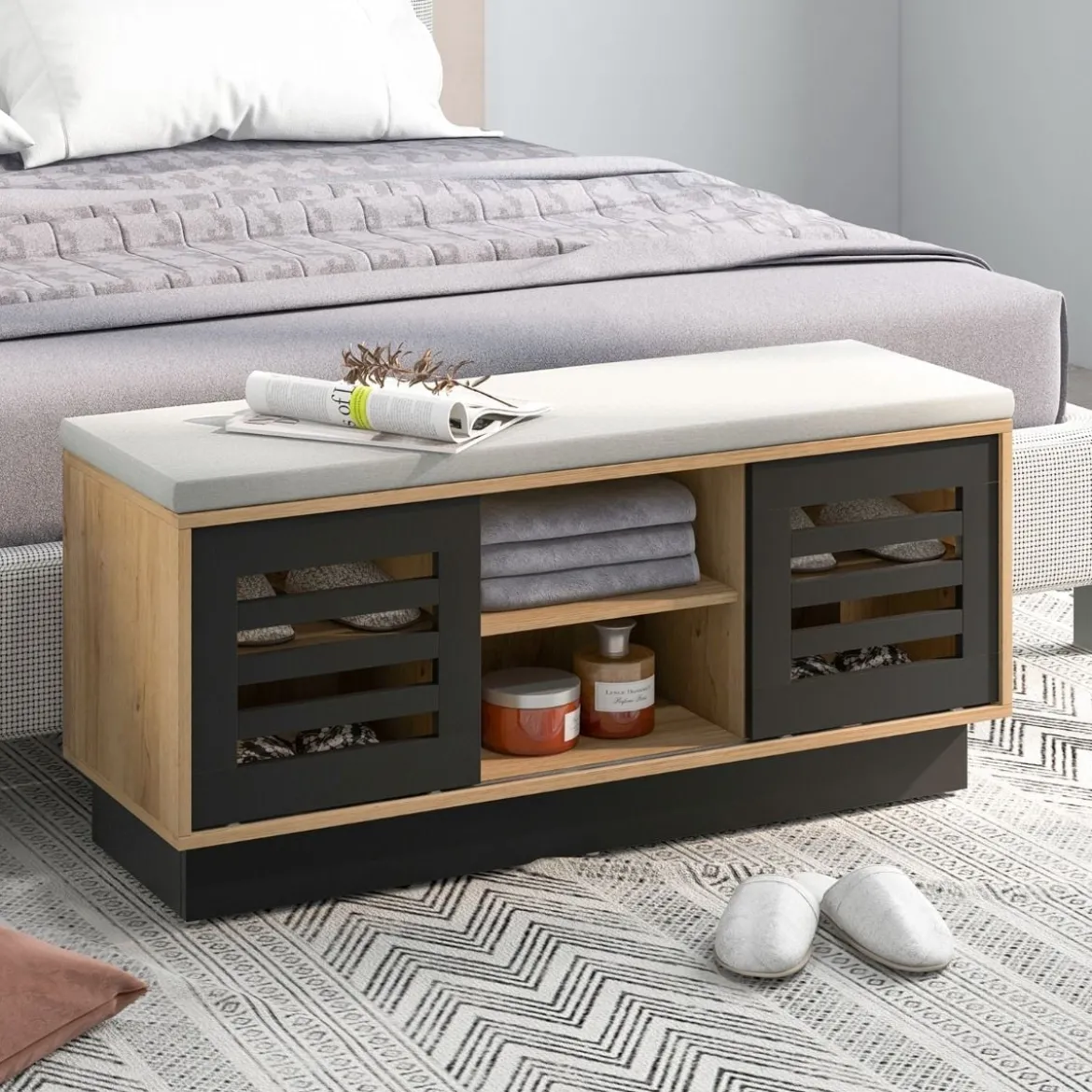 2 in 1 Sitzbank & Schuhregal mit 6 Fächer & 3 Verstellbaren Ablagen Schiebetüre 99,5 x 34,5 x 46 cm Natur