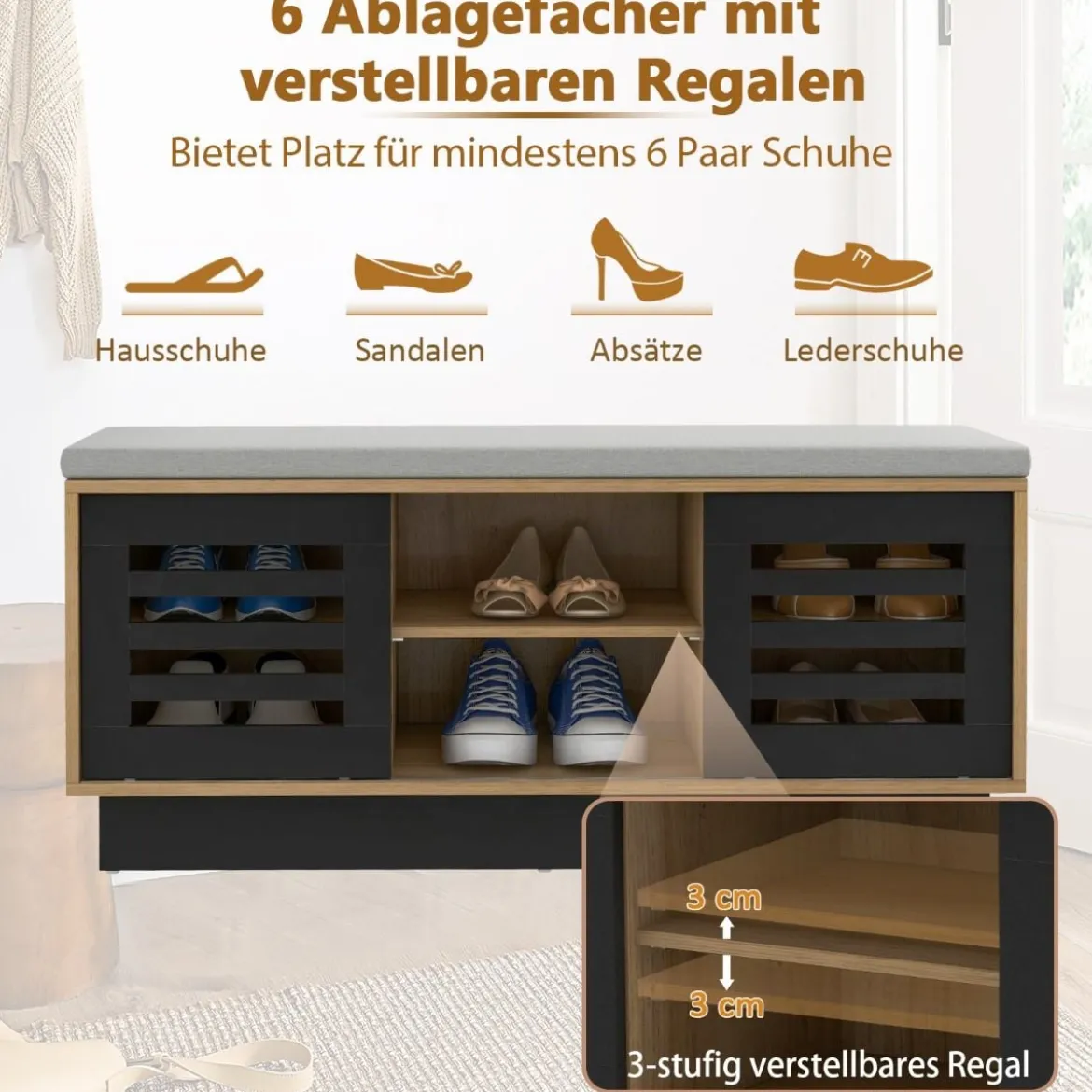 2 in 1 Sitzbank & Schuhregal mit 6 Fächer & 3 Verstellbaren Ablagen Schiebetüre 99,5 x 34,5 x 46 cm Natur