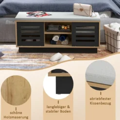 2 in 1 Sitzbank & Schuhregal mit 6 Fächer & 3 Verstellbaren Ablagen Schiebetüre 99,5 x 34,5 x 46 cm Natur