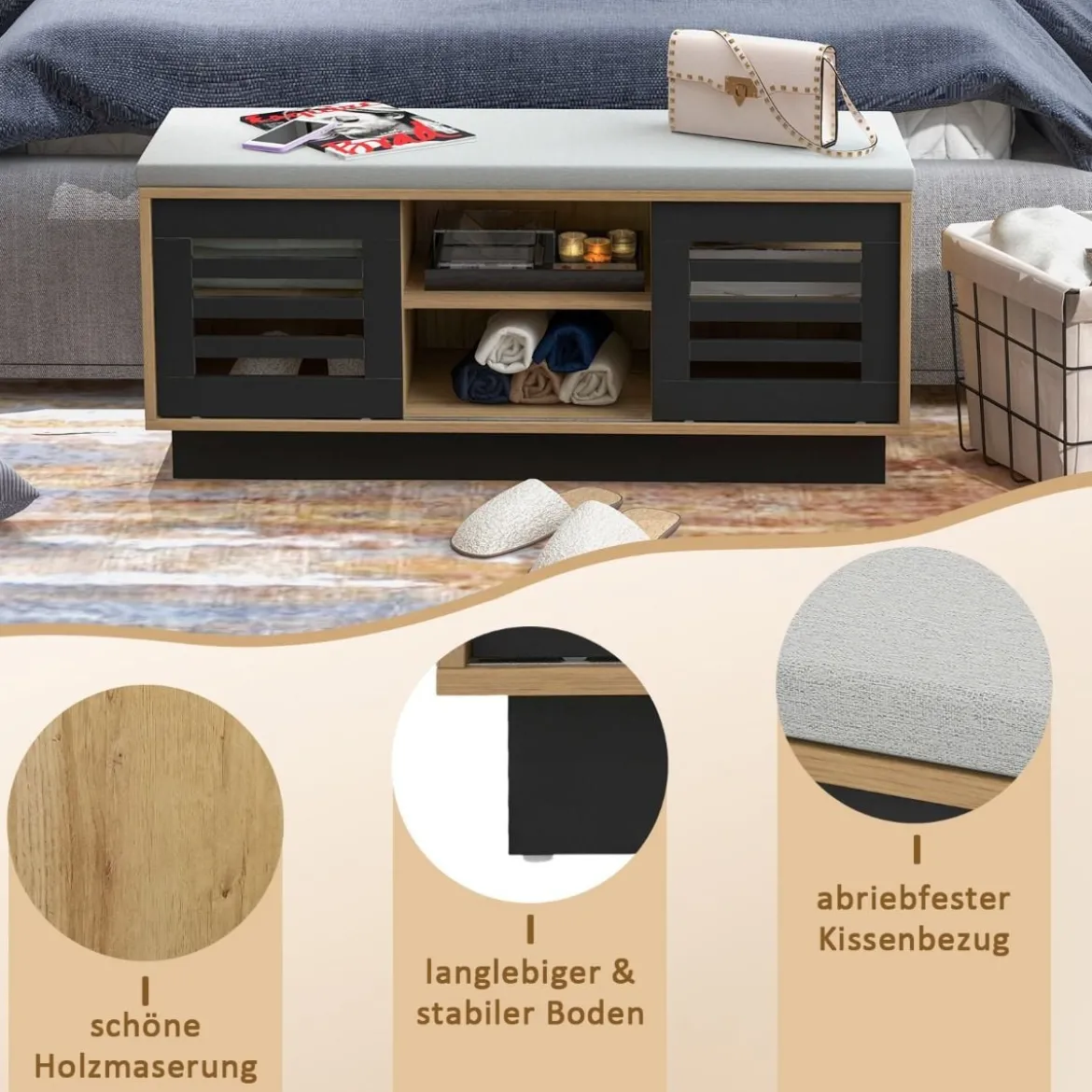 2 in 1 Sitzbank & Schuhregal mit 6 Fächer & 3 Verstellbaren Ablagen Schiebetüre 99,5 x 34,5 x 46 cm Natur