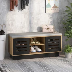 2 in 1 Sitzbank & Schuhregal mit 6 Fächer & 3 Verstellbaren Ablagen Schiebetüre 99,5 x 34,5 x 46 cm Natur