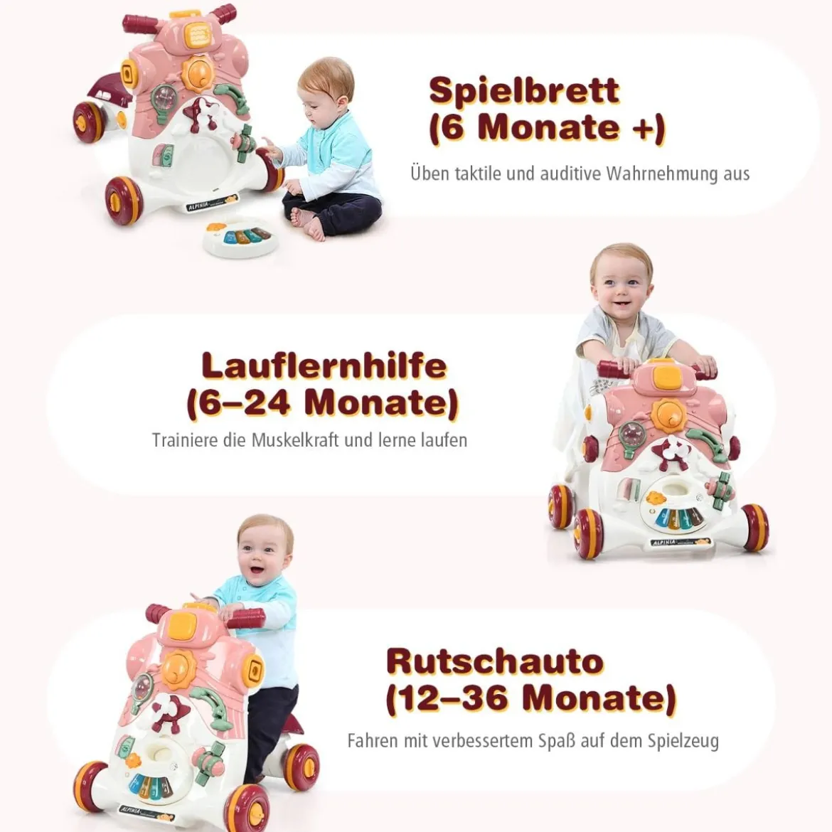 3-in-1 Sitz-Stehlaufhilfen für Babys Lauflernwagen Baby Walker 46 x 46 x 46 cm Rosa