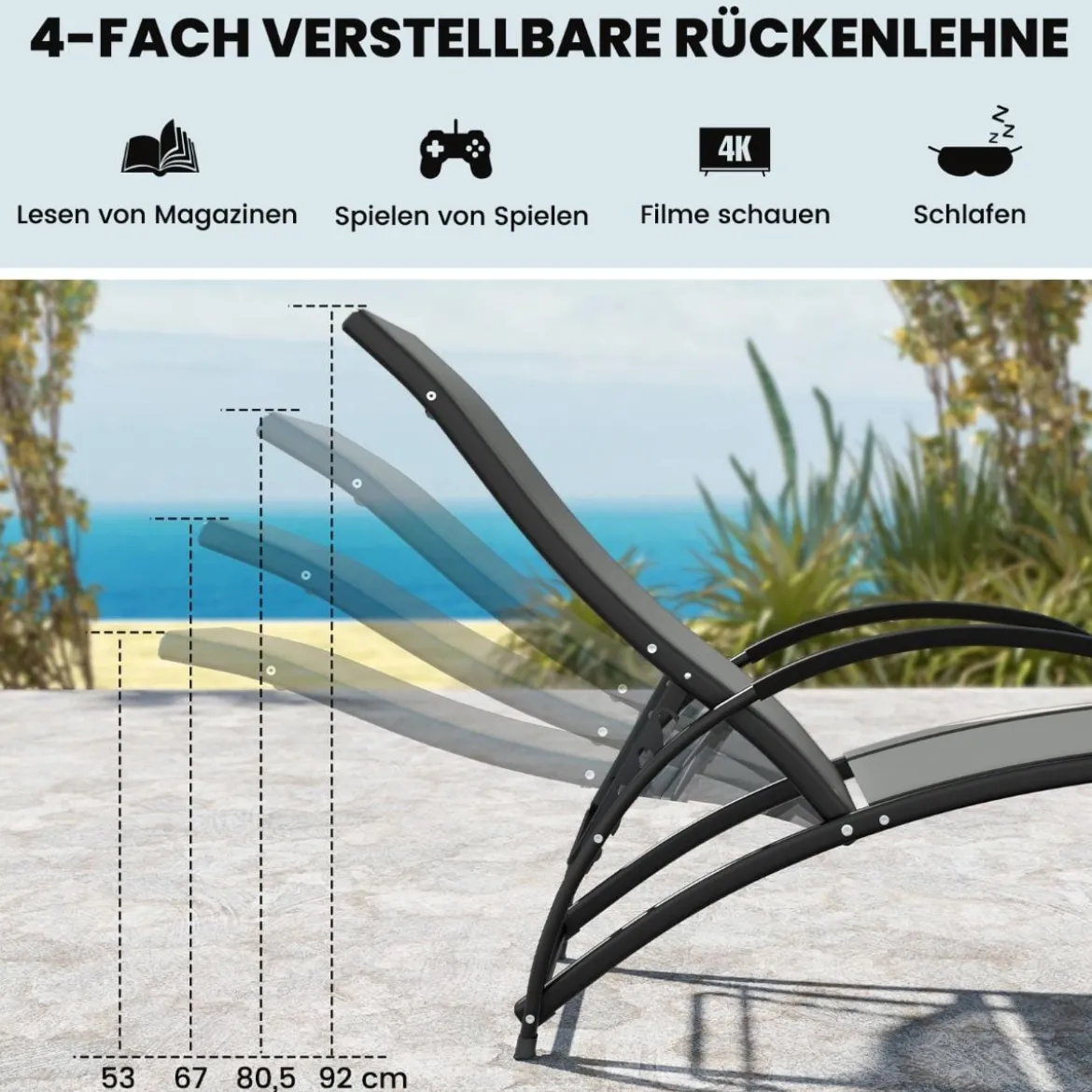 2 in 1 Sonnenliege wandelbarer Schaukelstuhl mit Verstellbarer Rückenlehne und gebogenen Armlehnen Grau