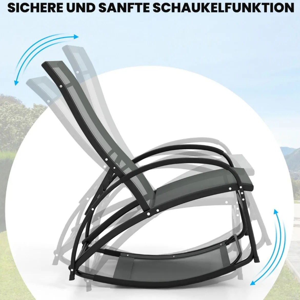 2 in 1 Sonnenliege wandelbarer Schaukelstuhl mit Verstellbarer Rückenlehne und gebogenen Armlehnen Grau