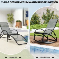 2 in 1 Sonnenliege wandelbarer Schaukelstuhl mit Verstellbarer Rückenlehne und gebogenen Armlehnen Grau