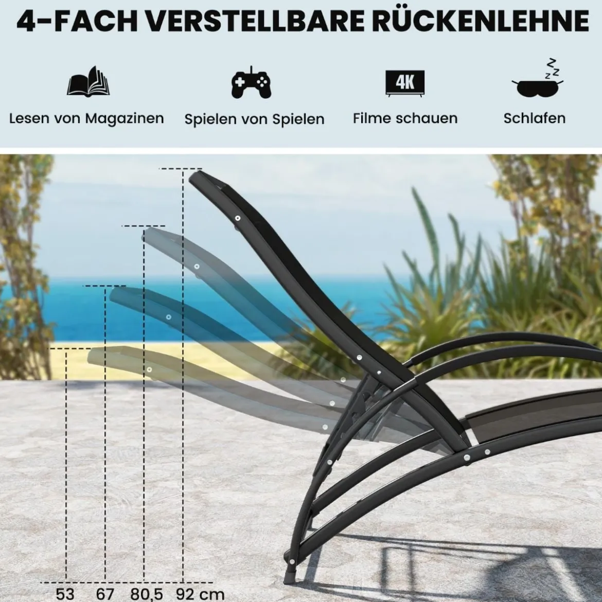 2 in 1 Sonnenliege wandelbarer Schaukelstuhl mit Rückenlehne und gebogenen Armlehnen Grau