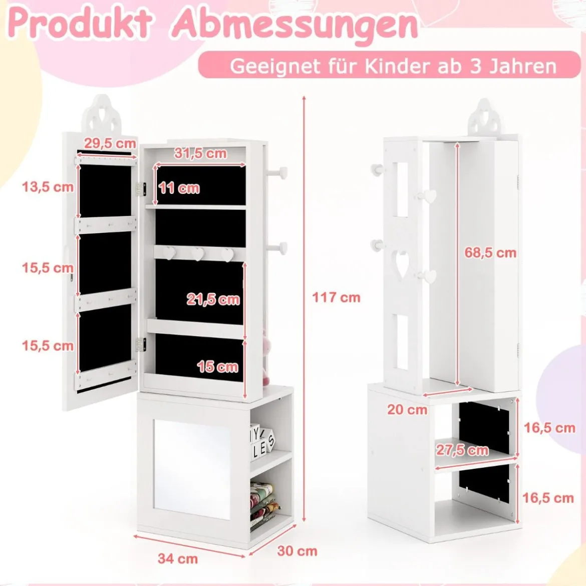 3 in 1 Spiegelschrank mit Ganzkörperspiegel & Kleiderständer Kinder Schmuckschrank