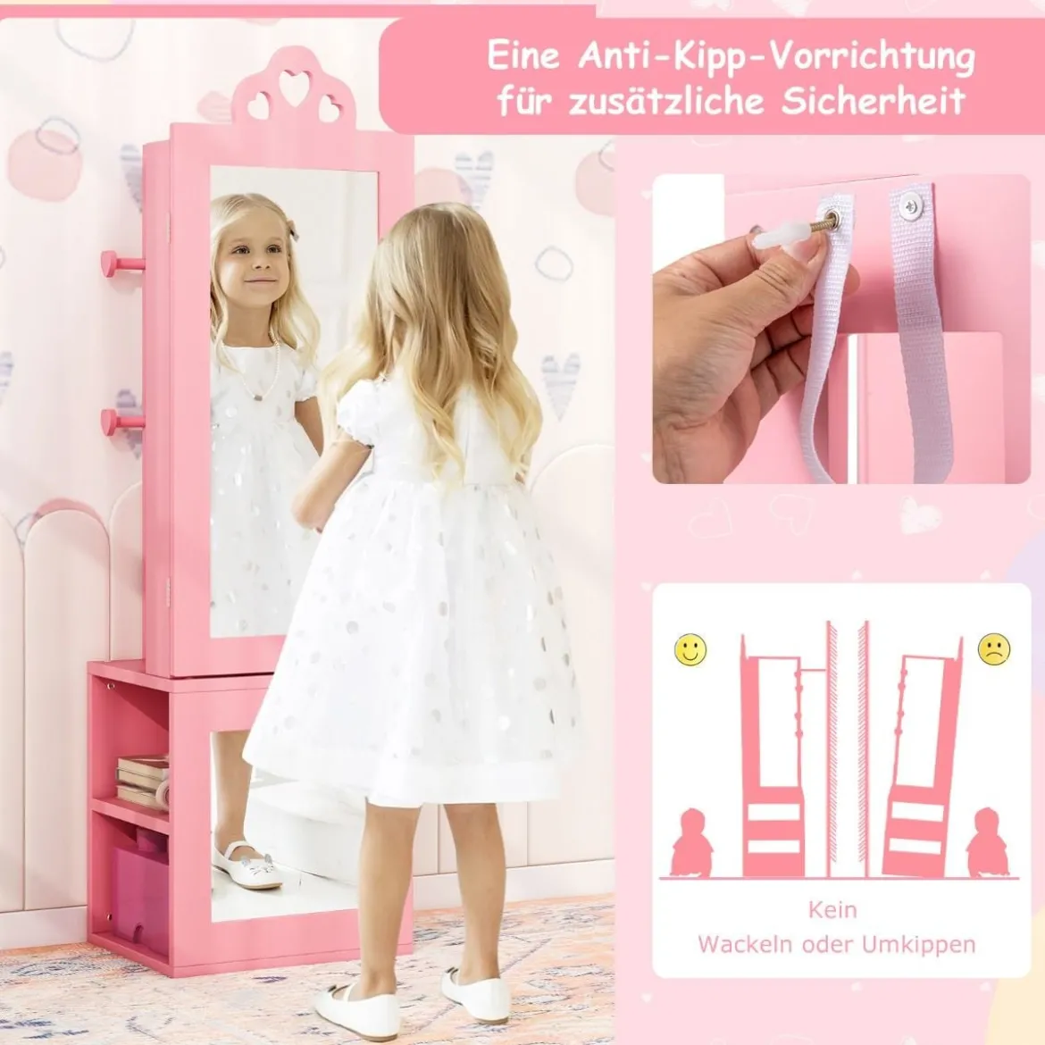 3 in 1 Spiegelschrank mit Ganzkörperspiegel & Kleiderständer Kinder Schmuckschrank