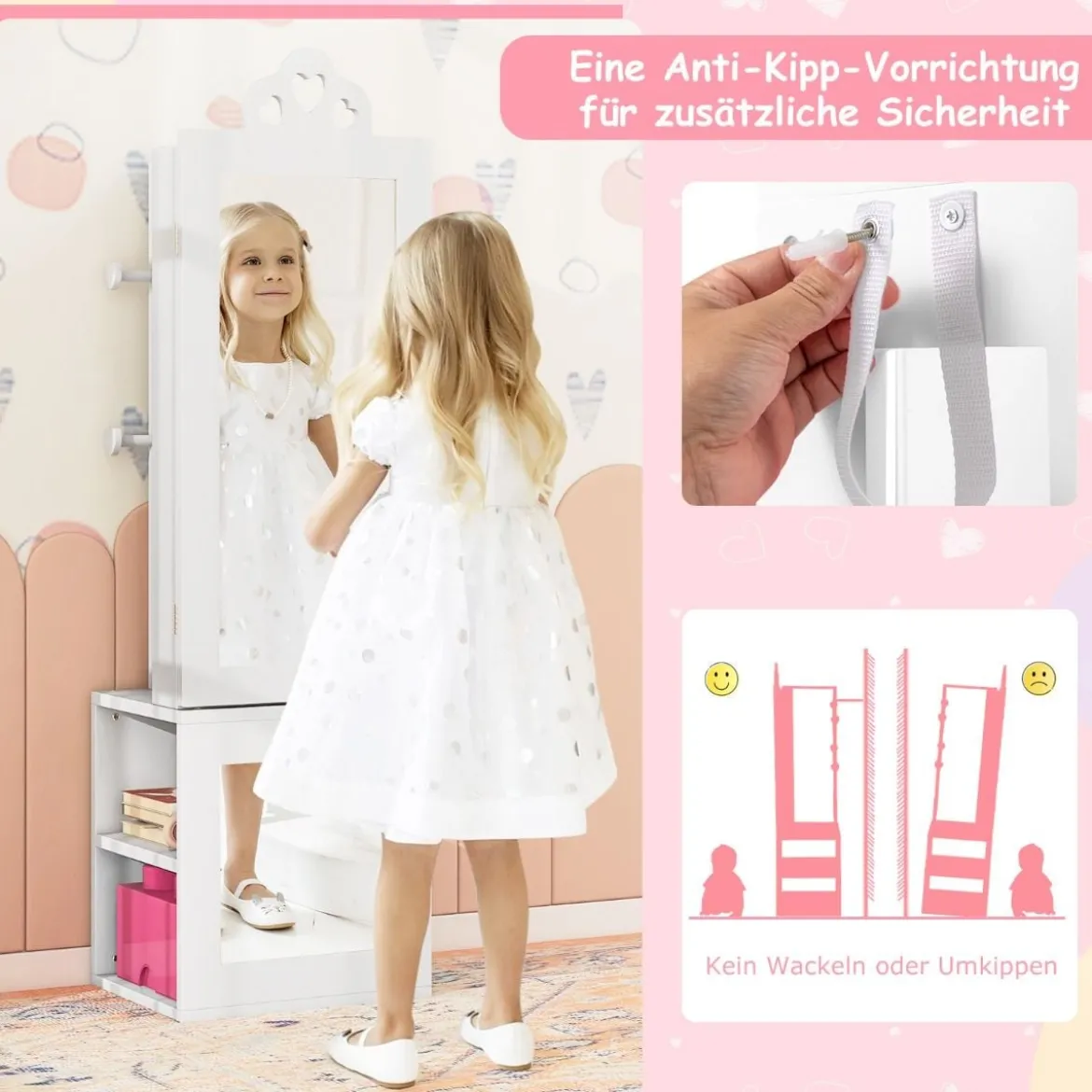 3 in 1 Spiegelschrank mit Ganzkörperspiegel & Kleiderständer Kinder Schmuckschrank