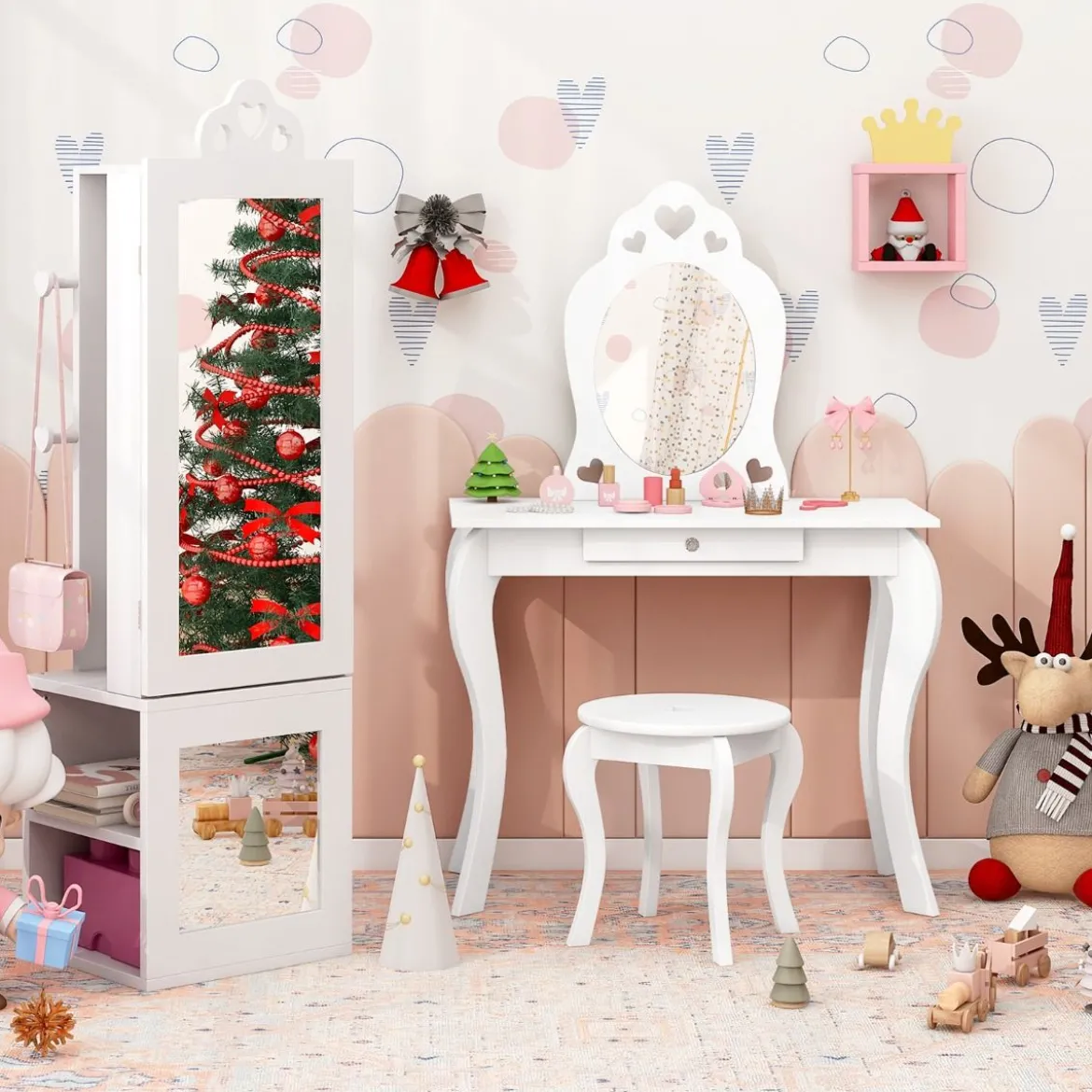 3 in 1 Spiegelschrank mit Ganzkörperspiegel & Kleiderständer Kinder Schmuckschrank