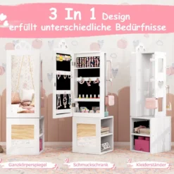 3 in 1 Spiegelschrank mit Ganzkörperspiegel & Kleiderständer Kinder Schmuckschrank