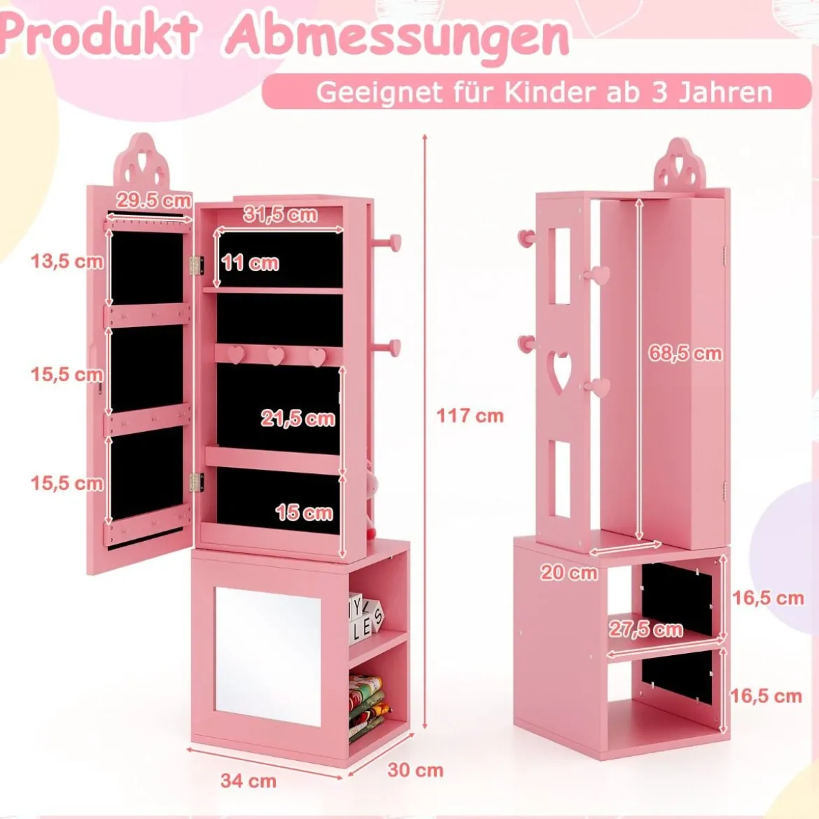 3 in 1 Spiegelschrank mit Ganzkörperspiegel & Kleiderständer Kinder Schmuckschrank