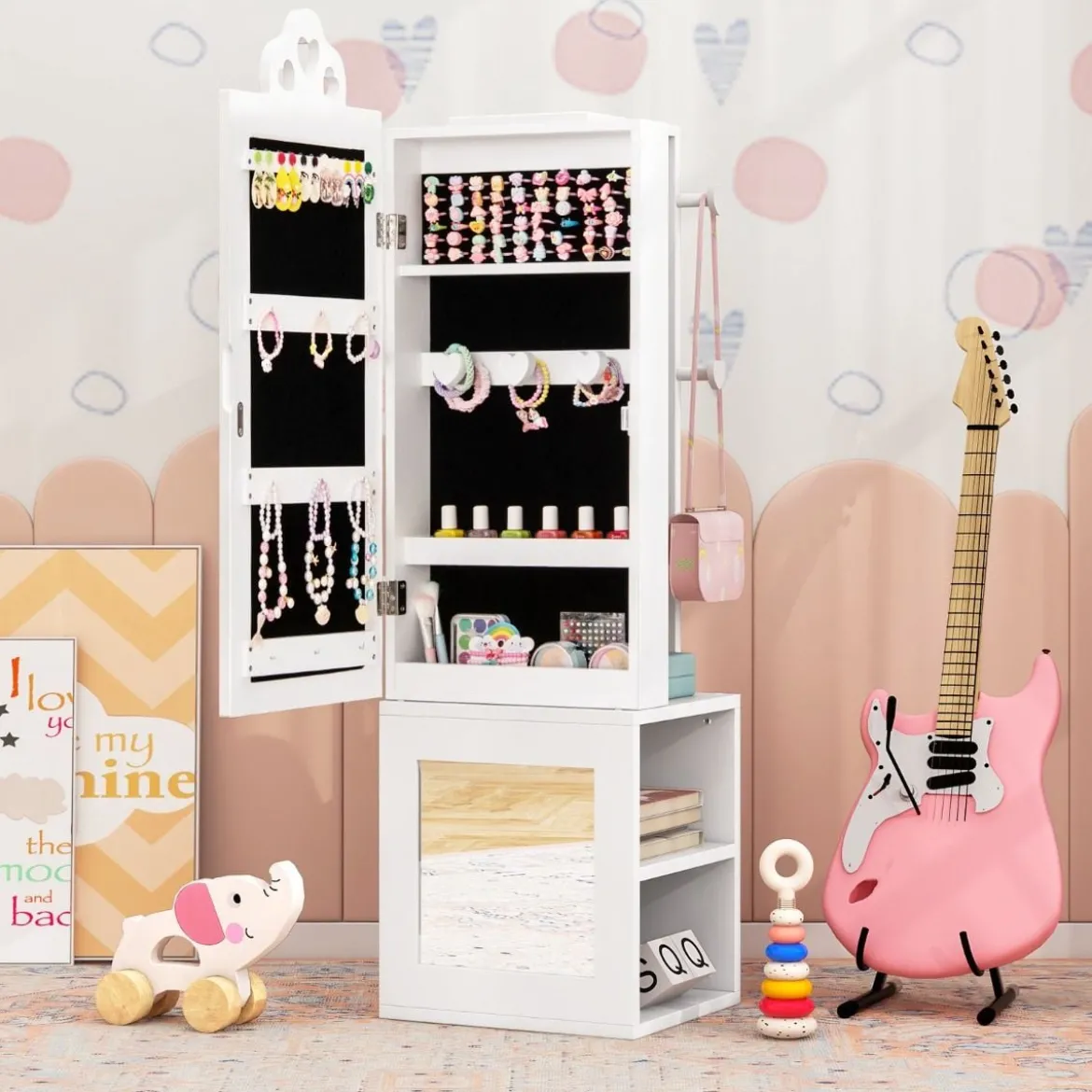 3 in 1 Spiegelschrank mit Ganzkörperspiegel & Kleiderständer Kinder Schmuckschrank
