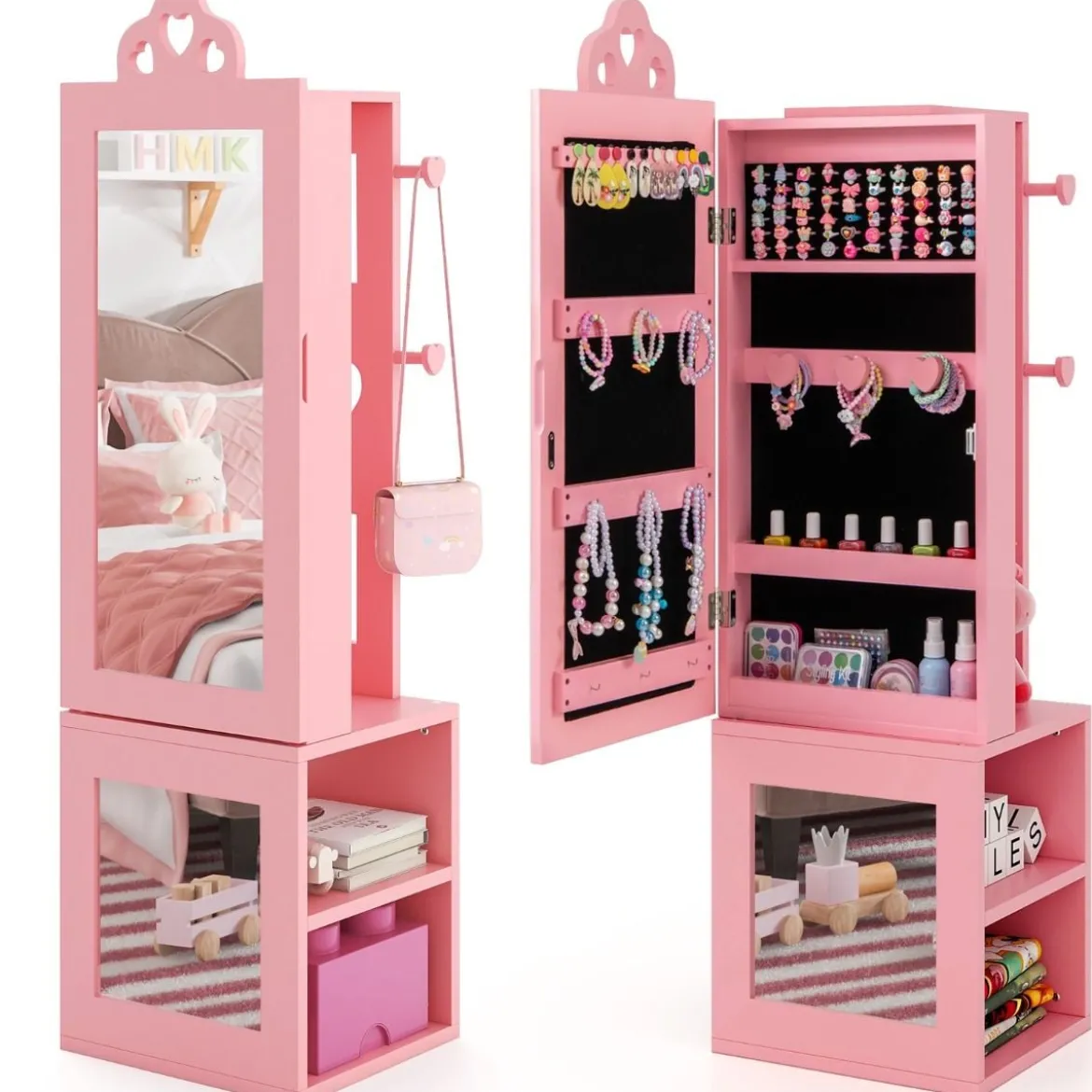 3 in 1 Spiegelschrank mit Ganzkörperspiegel & Kleiderständer Kinder Schmuckschrank