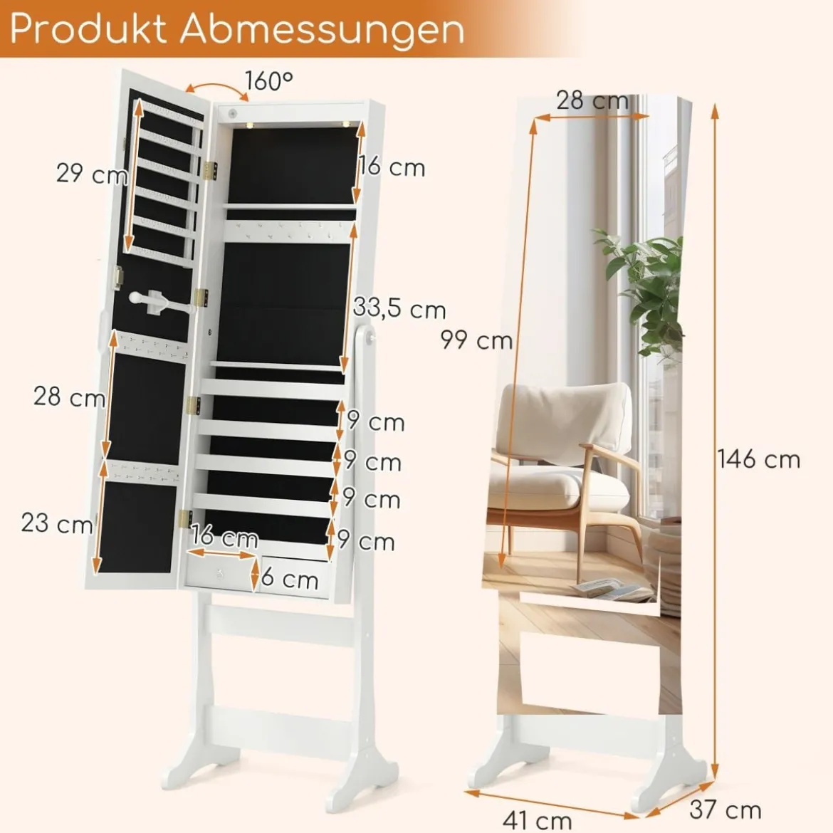 2 in 1 Spiegelschrank mit LED-Beleuchtung & Ganzkörperspiegel Abschließbarer Schmuckschrank