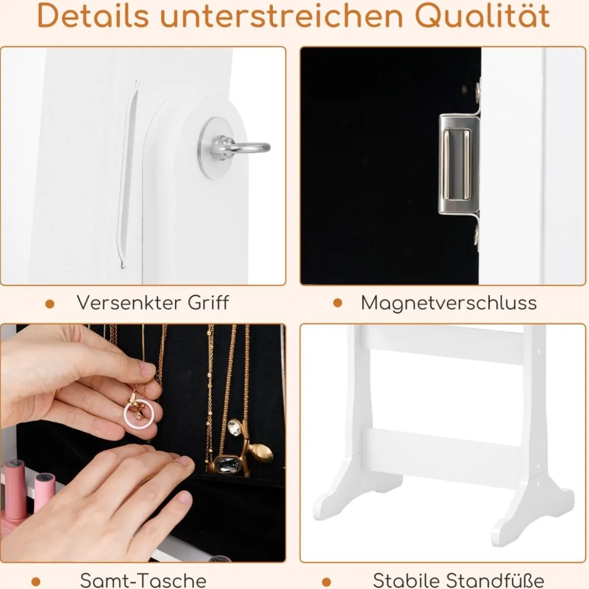 2 in 1 Spiegelschrank mit LED-Beleuchtung & Ganzkörperspiegel Abschließbarer Schmuckschrank