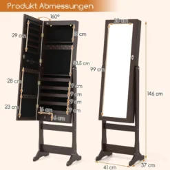 2 in 1 Spiegelschrank mit LED-Beleuchtung & Ganzkörperspiegel Abschließbarer Schmuckschrank