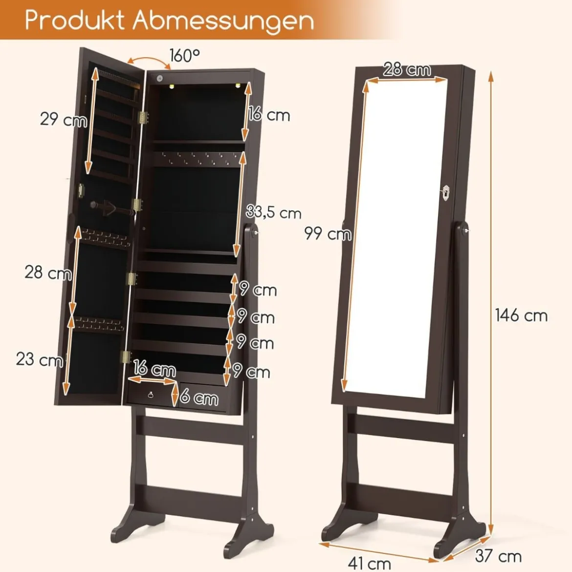 2 in 1 Spiegelschrank mit LED-Beleuchtung & Ganzkörperspiegel Abschließbarer Schmuckschrank