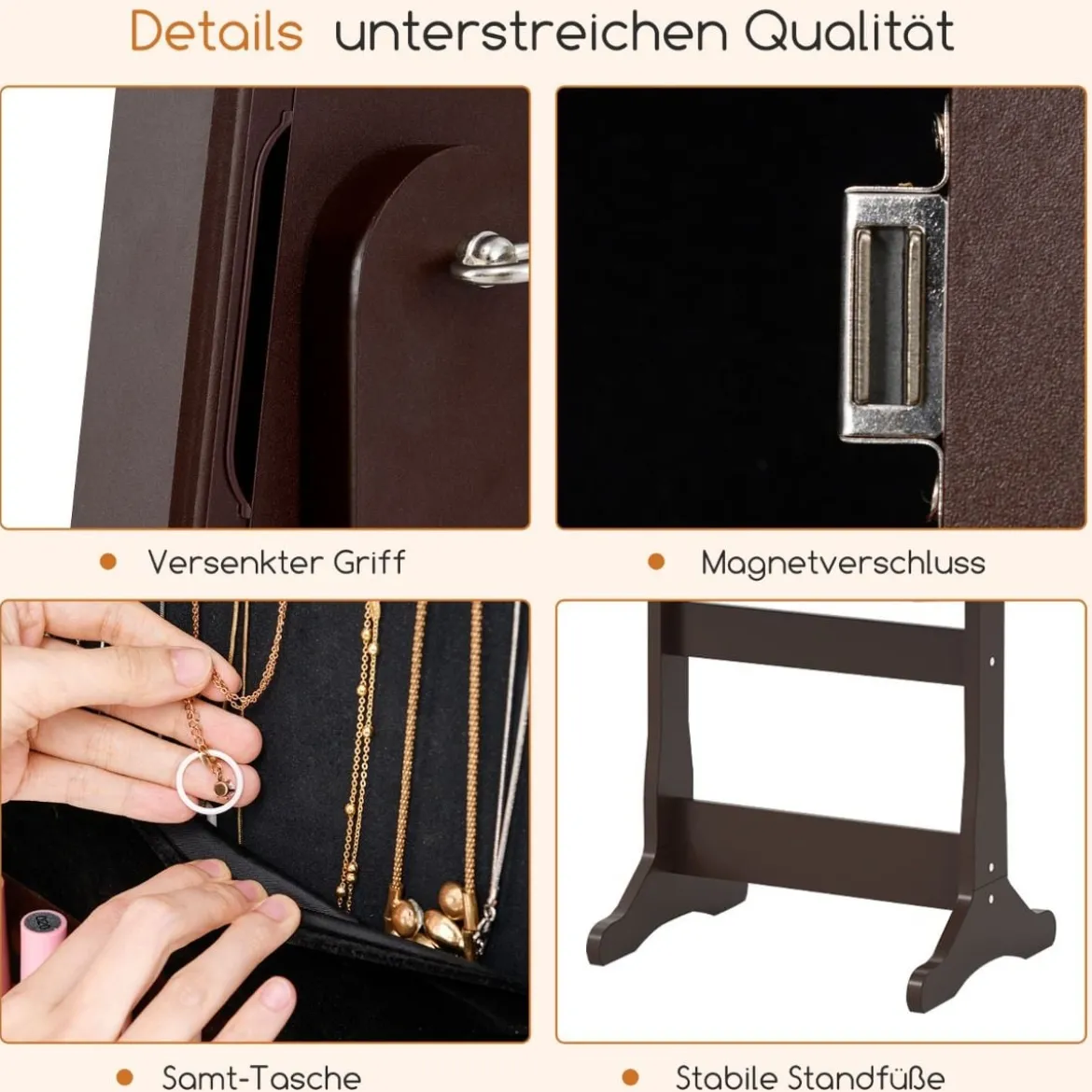 2 in 1 Spiegelschrank mit LED-Beleuchtung & Ganzkörperspiegel Abschließbarer Schmuckschrank