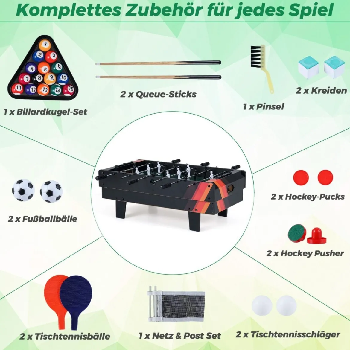 4 in 1 Spieltisch Billardtisch & Tischtennistisch & Air Hockeytisch & Tischkicker Grau