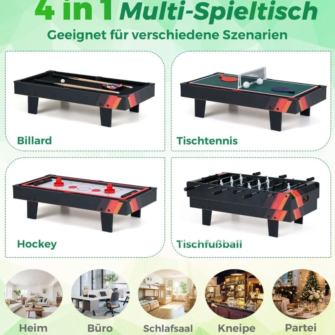 4 in 1 Spieltisch Billardtisch & Tischtennistisch & Air Hockeytisch & Tischkicker Grau