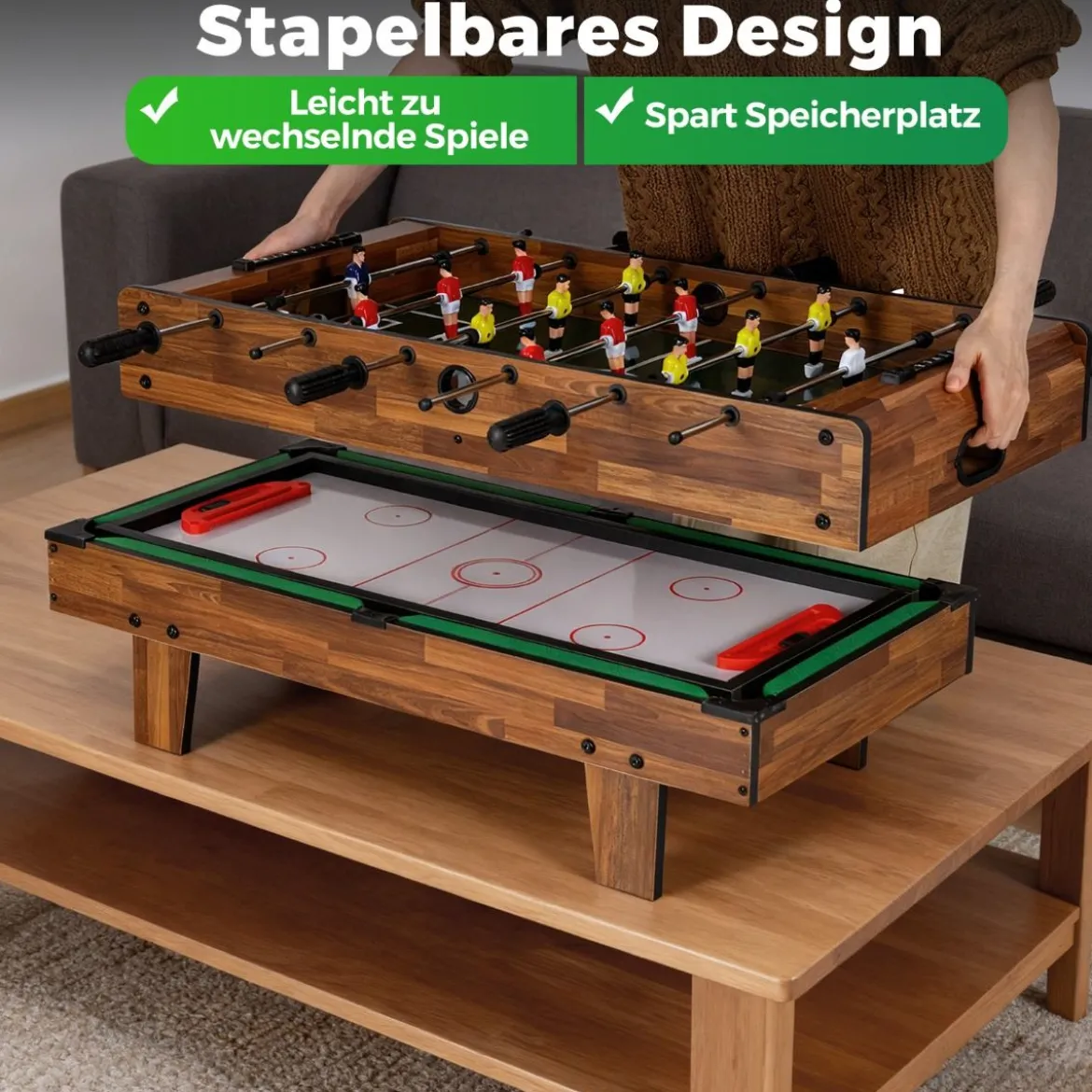 4 in 1 Spieltisch Billardtisch & Tischtennistisch & Air Hockeytisch & Tischkicker Natur