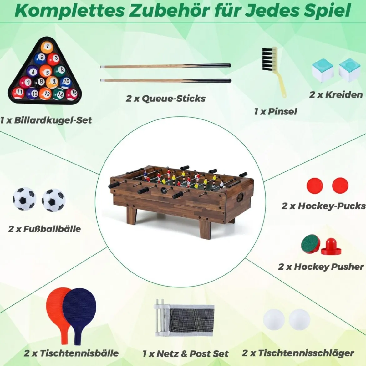 4 in 1 Spieltisch Billardtisch & Tischtennistisch & Air Hockeytisch & Tischkicker Natur