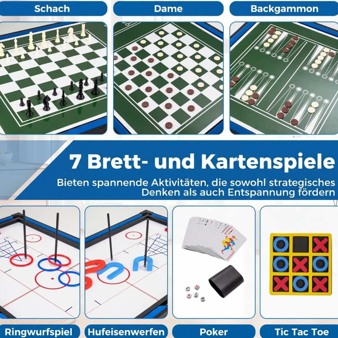 14 in 1 Spieltisch Set Tischspiel Multifunktional mit Tischfußball Hockey Billard Tischtennis usw. Blau