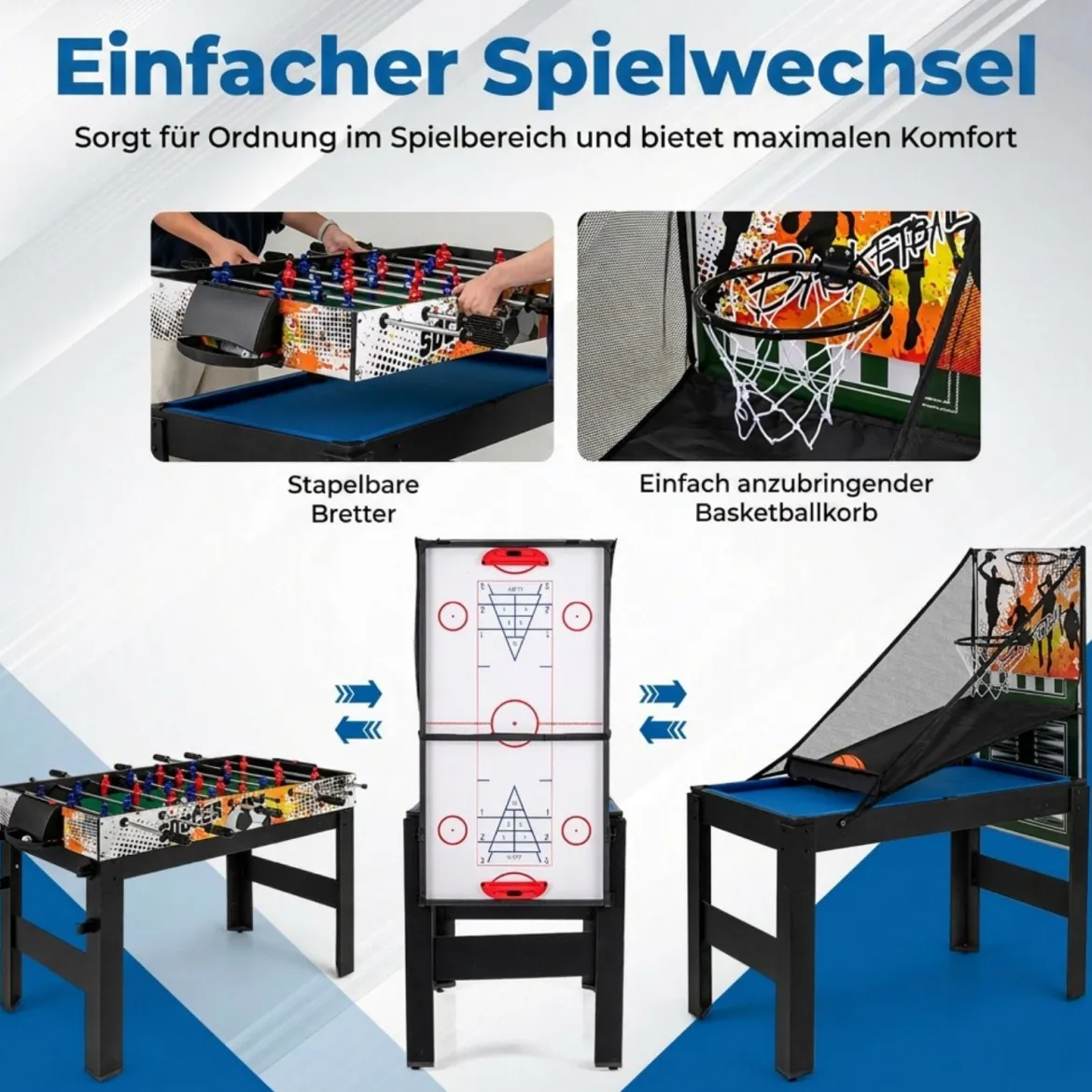 14 in 1 Spieltisch Set Tischspiel Multifunktional mit Tischfußball Hockey Billard Tischtennis usw. Blau