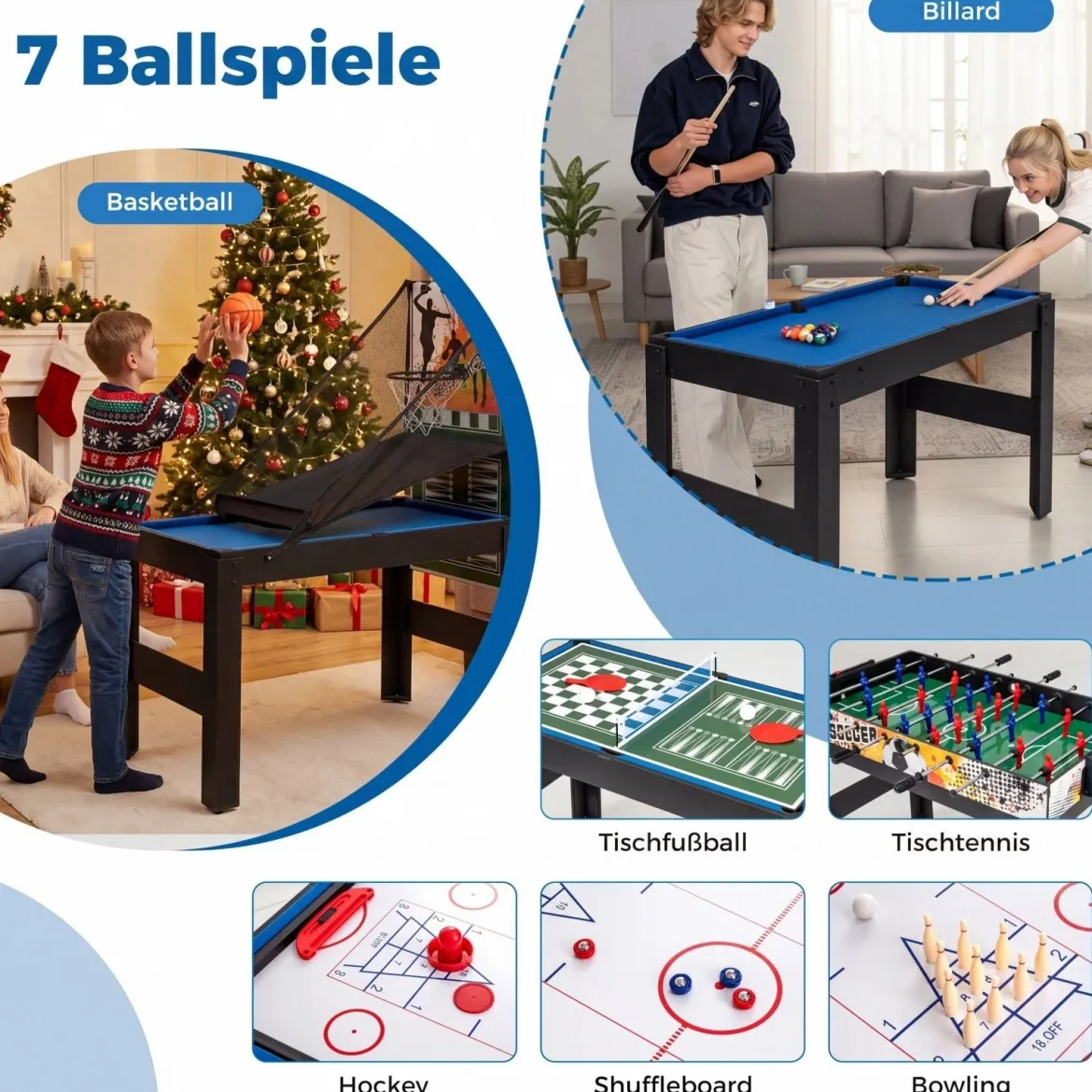 14 in 1 Spieltisch Set Tischspiel Multifunktional mit Tischfußball Hockey Billard Tischtennis usw. Blau