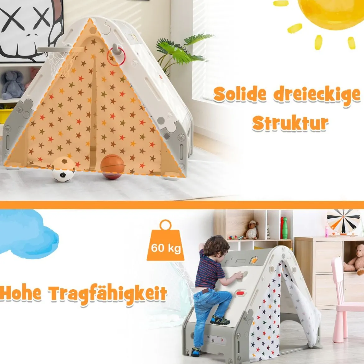 6 in 1 Spielzelt & Kletterdreieck & Kindertafel & Basketballkorb 119 x 107 x 98 cm