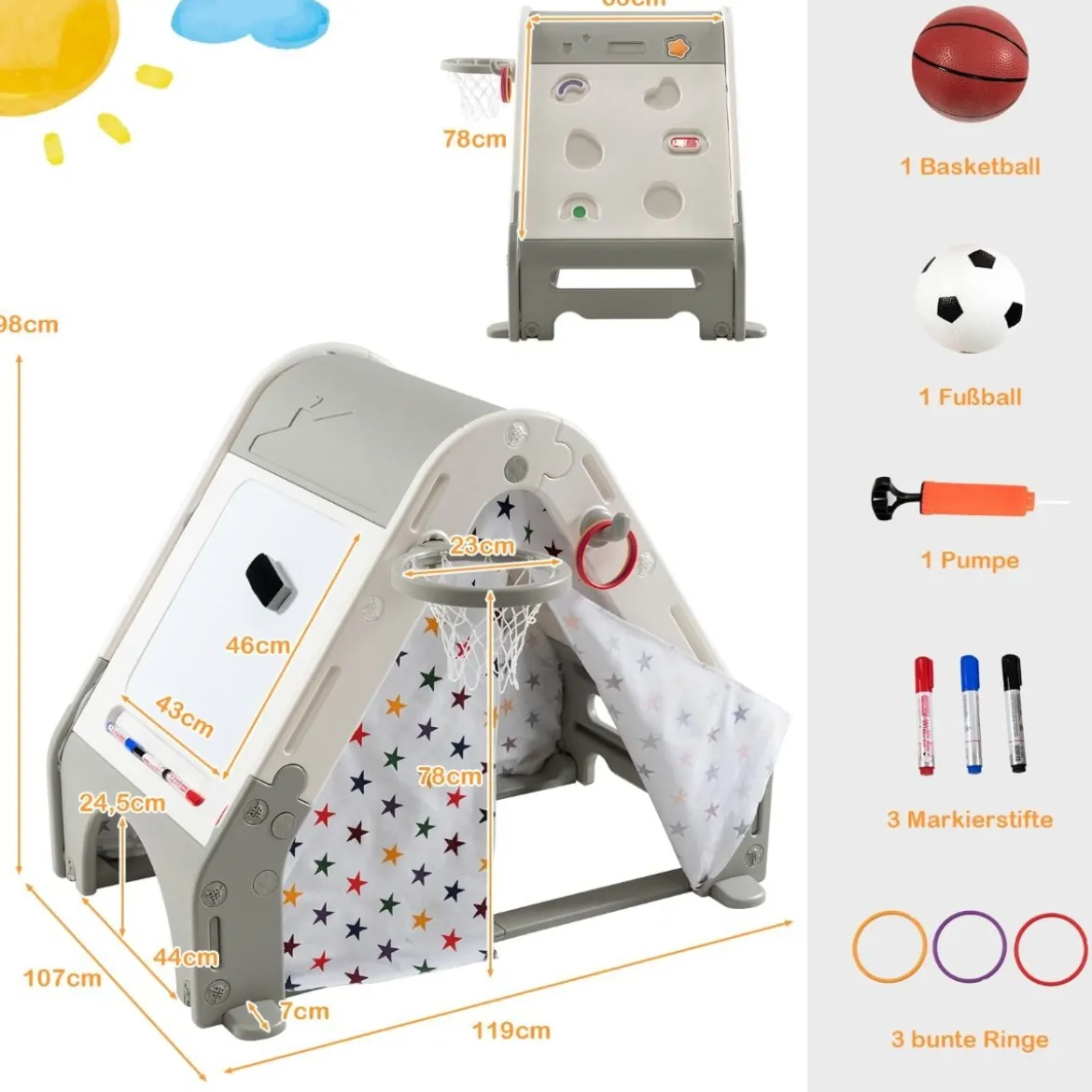 6 in 1 Spielzelt & Kletterdreieck & Kindertafel & Basketballkorb 119 x 107 x 98 cm