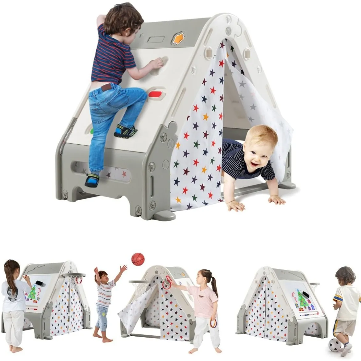 6 in 1 Spielzelt & Kletterdreieck & Kindertafel & Basketballkorb 119 x 107 x 98 cm