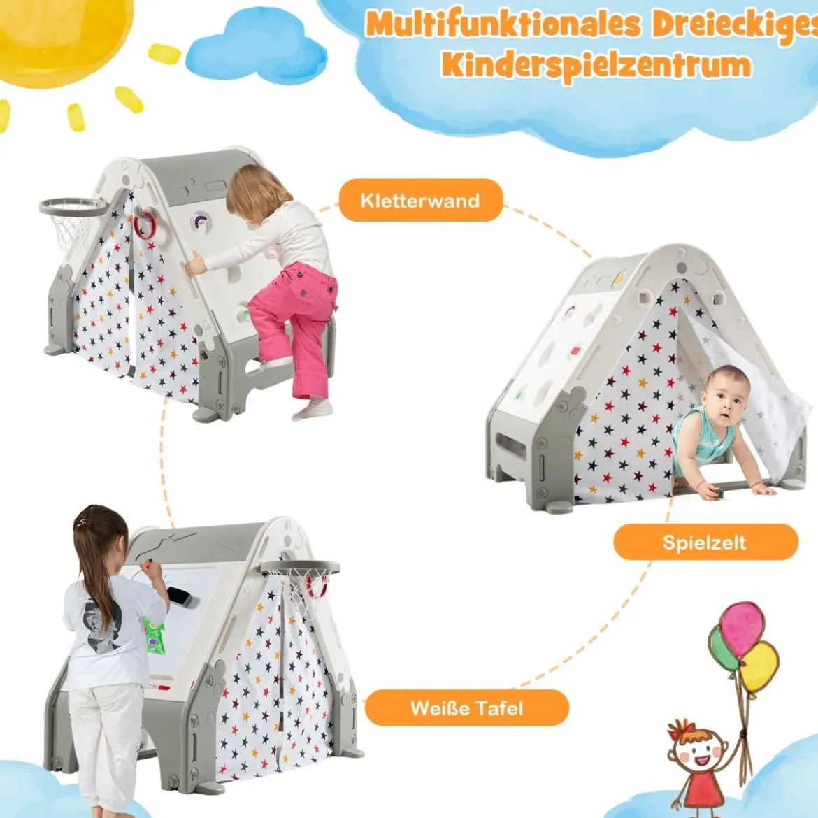 6 in 1 Spielzelt & Kletterdreieck & Kindertafel & Basketballkorb 119 x 107 x 98 cm