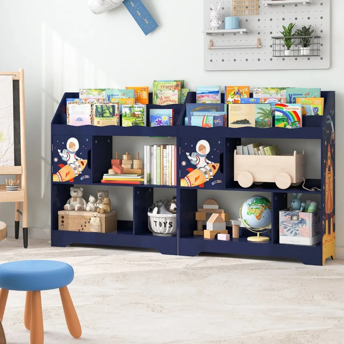 3 in 1 Spielzeugregal mit Ablagefächer & Tür 3 Stöckiges Kinderregal Bücherregal 93 x 30 x 100 cm Blau