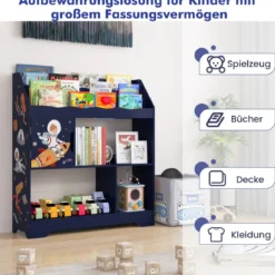 3 in 1 Spielzeugregal mit Ablagefächer & Tür 3 Stöckiges Kinderregal Bücherregal 93 x 30 x 100 cm Blau