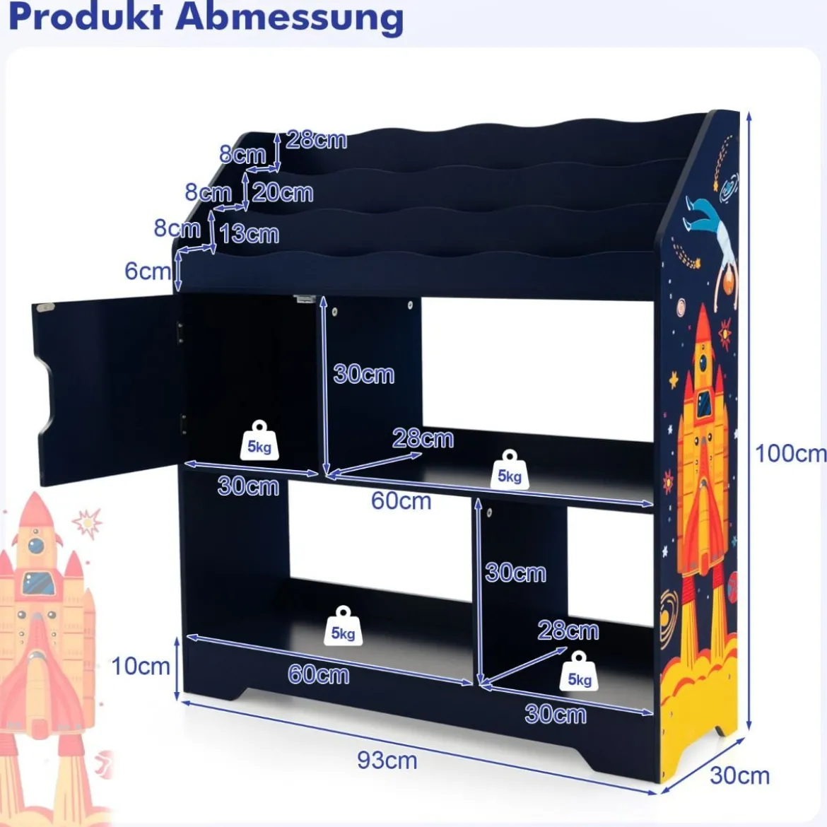 3 in 1 Spielzeugregal mit Ablagefächer & Tür 3 Stöckiges Kinderregal Bücherregal 93 x 30 x 100 cm Blau