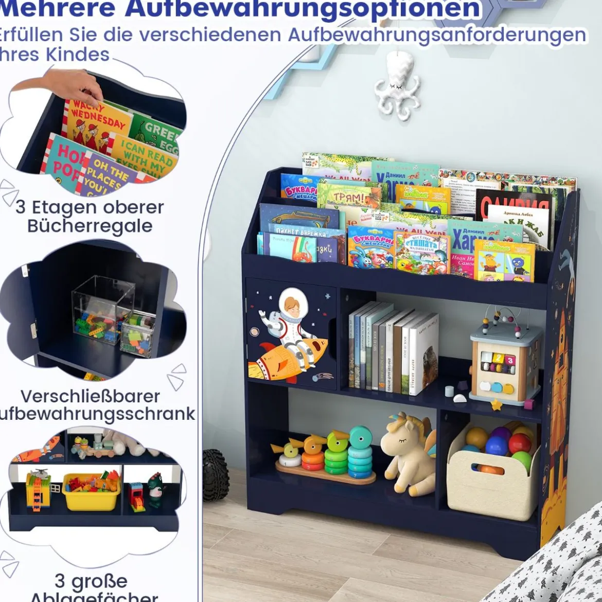 3 in 1 Spielzeugregal mit Ablagefächer & Tür 3 Stöckiges Kinderregal Bücherregal 93 x 30 x 100 cm Blau