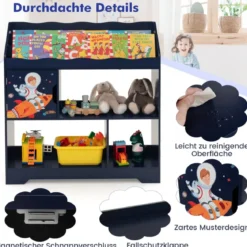 3 in 1 Spielzeugregal mit Ablagefächer & Tür 3 Stöckiges Kinderregal Bücherregal 93 x 30 x 100 cm Blau