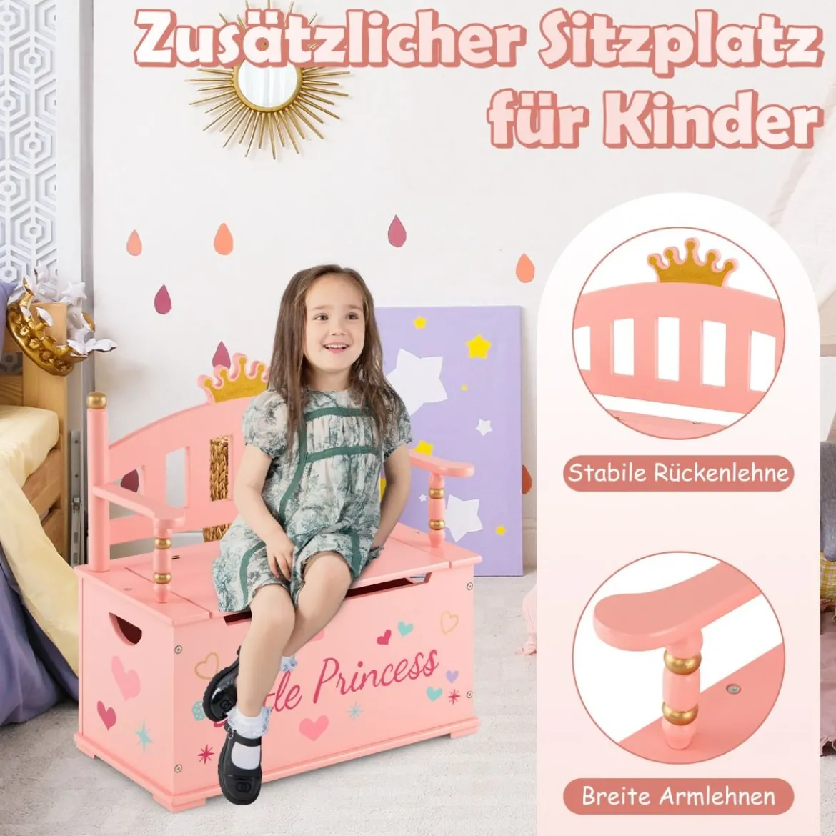 2 in 1 Spielzeugtruhe & Sitzbank für Kinder Aufbewahrungsruhe mit Sicherheitsscharnier
