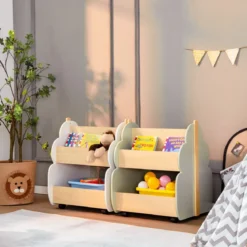 4 in 1 3tlg. Kindersitzgruppe aus Holz + Kinder Bücherregal aus Holz mit Universalrädern Set