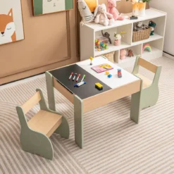 4 in 1 3tlg. Kindersitzgruppe aus Holz + Kinder Bücherregal aus Holz mit Universalrädern Set