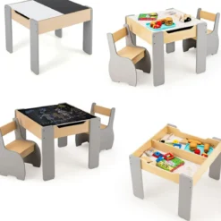 4 in 1 3tlg. Kindersitzgruppe aus Holz mit Abnehmbarer Tafel & Stauraum