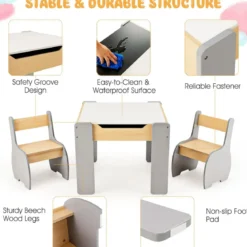 4 in 1 3tlg. Kindersitzgruppe aus Holz mit Abnehmbarer Tafel & Stauraum