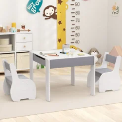 4 in 1 3tlg. Kindersitzgruppe aus Holz mit Abnehmbarer Tafel & Stauraum
