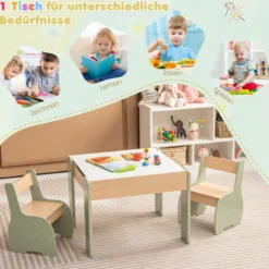 4 in 1 3tlg. Kindersitzgruppe aus Holz mit Abnehmbarer Tafel & Stauraum