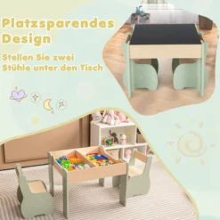 4 in 1 3tlg. Kindersitzgruppe aus Holz mit Abnehmbarer Tafel & Stauraum
