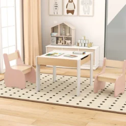 4 in 1 3tlg. Kindersitzgruppe aus Holz mit Abnehmbarer Tafel & Stauraum
